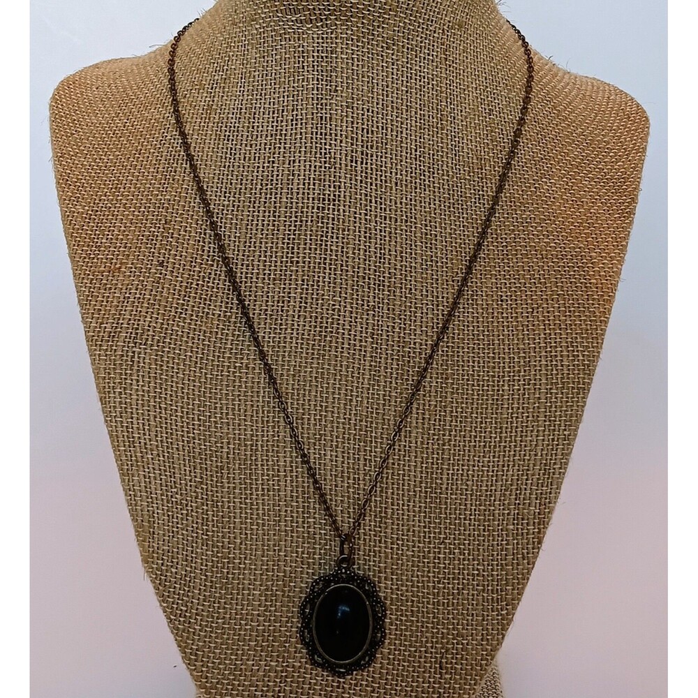 Gothcore Bronze Tone Black Stone Pendant Necklace 18-20.5 in